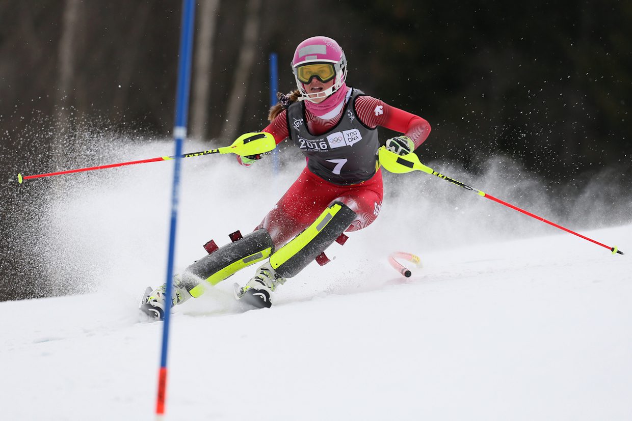 Aline Danioth SUI competes during the Alpine Skiing Ladies' Slalom at the Hafjell Olympic Slope during the Winter Youth Olympic Games, Lillehammer Norway, 18 February 2016.