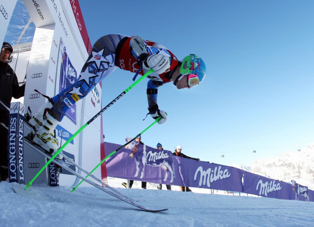 Winter Sports School's alumni Ted Ligety kicking out of the start gate at World Cup level. 
